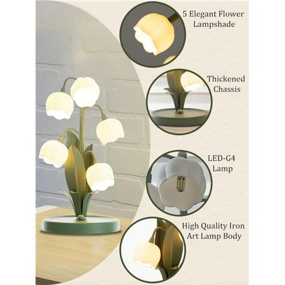 Flower Table Lamp Vintage Lily Night Light LED Bedside Light for Bedroom Decor - Picture 3 of 7